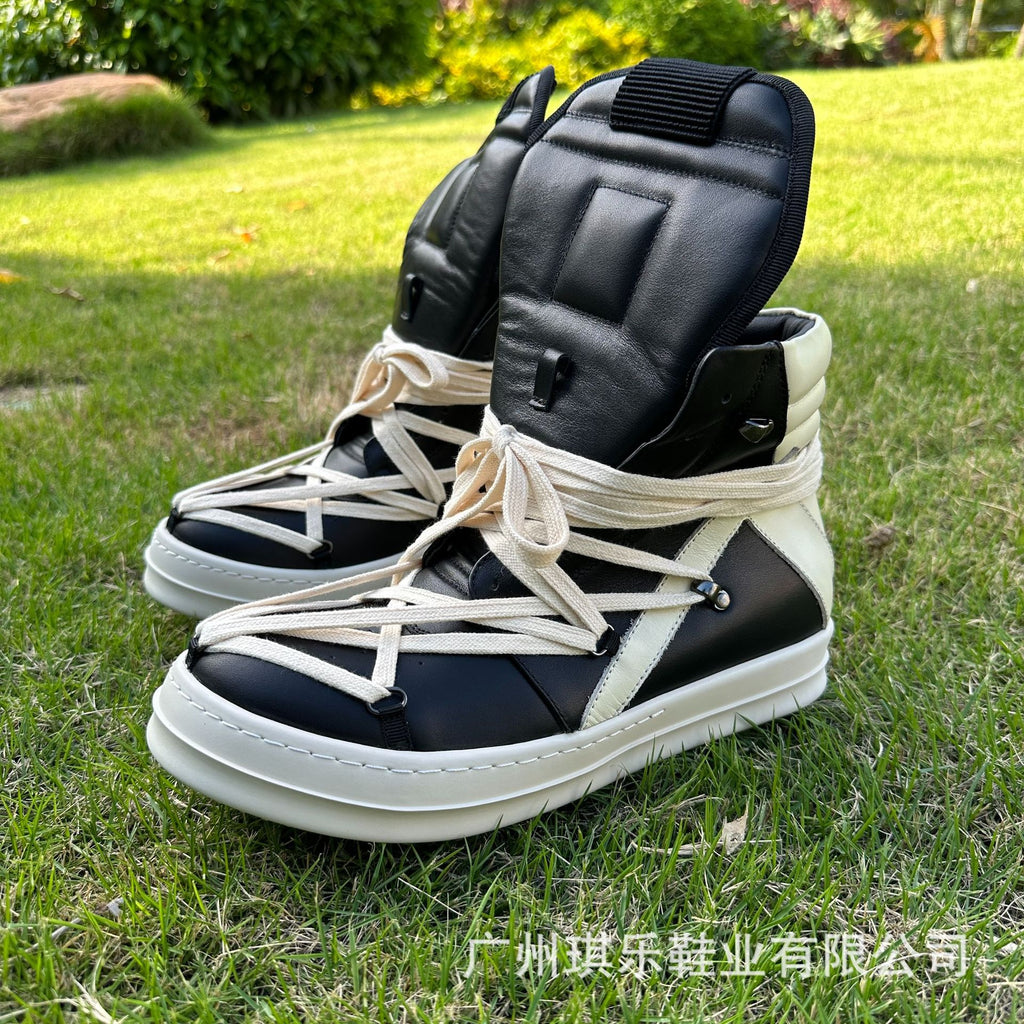 High-Top Genuine Leather Sneakers | Inverted Triangle & Pentagram Design | Unisex Thick-Sole Casual Board Shoes