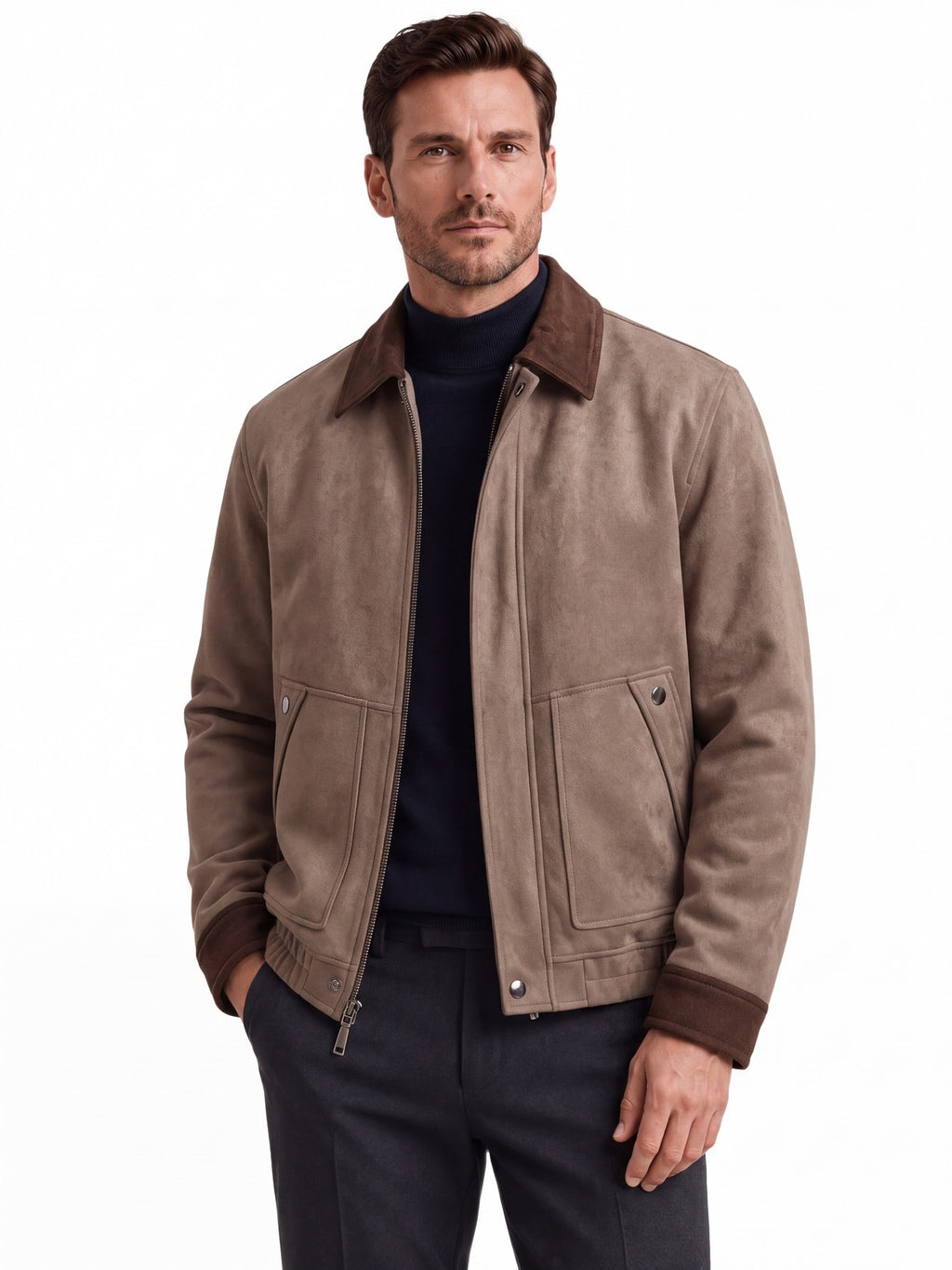 Men's Suede-Look Fleece Jacket | 2026 Winter Business Casual Zip-Up Coat | Khaki Stand Collar Outerwear | JK5022