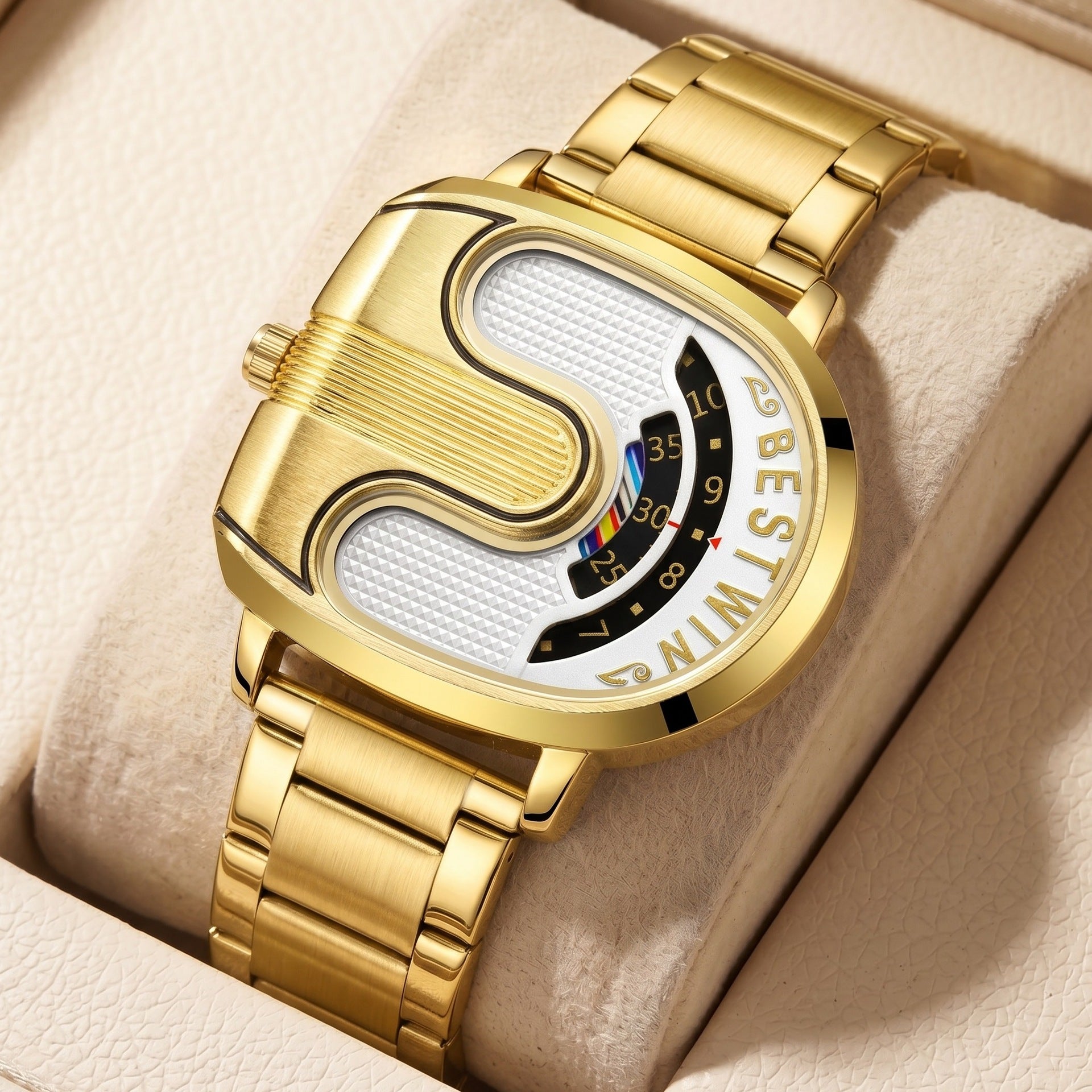 BESTWIN Men‘s Gold U-Shape Digital Chronograph Watch | Fashion Oval Dress Timepiece with Stainless Steel Bracelet | 988