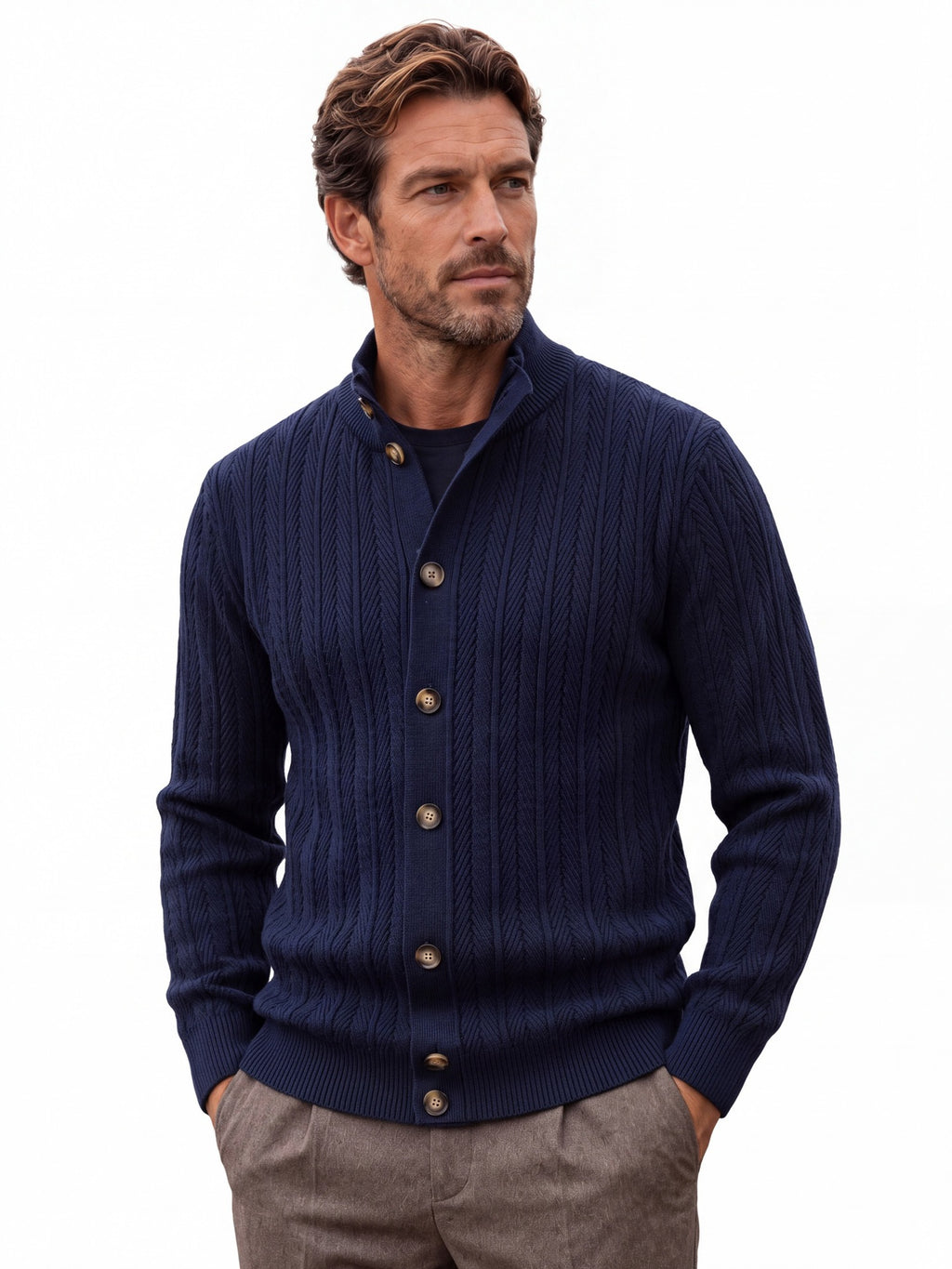 Men's Cotton Knit Cardigan | 2026 Winter Business Casual Button-Up Sweater | Stand Collar Warm Outerwear | SW255
