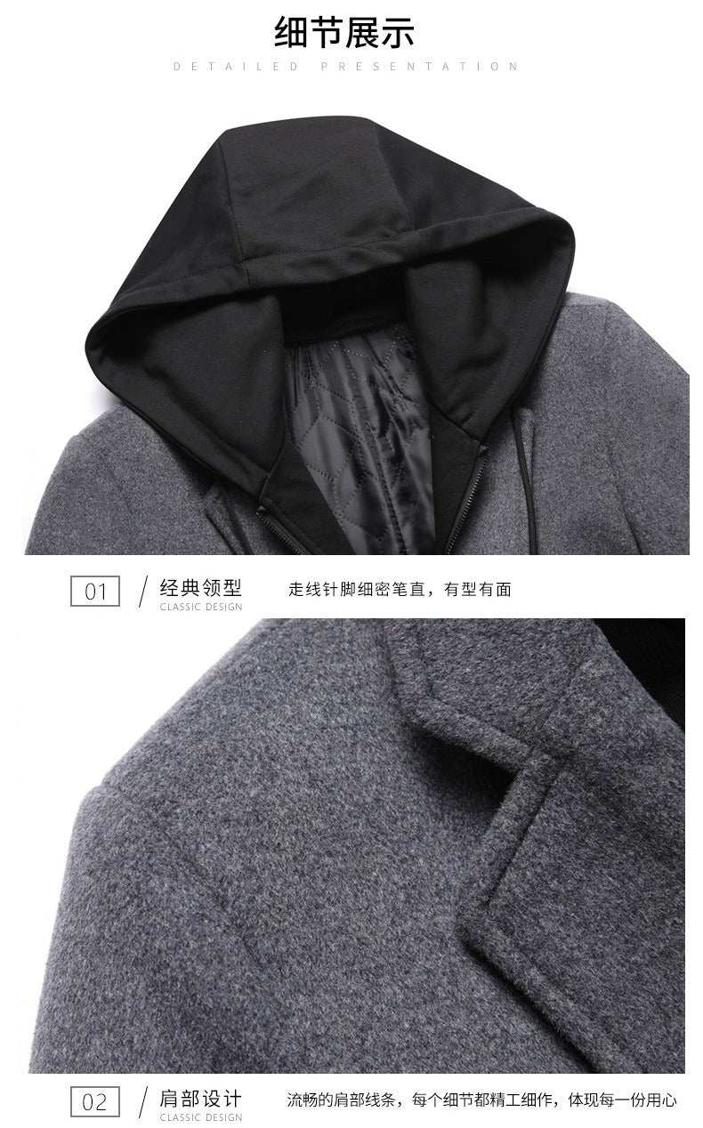 Men's Detachable Hooded Wool Jacket Windproof Mid-Length Coat Casual Thick Trench Coat | 1909-3