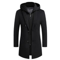 Men's Windproof Long Softshell Hooded Trench Jackets Side Pockets Double Breasted Warm Overcoat | 1909-3