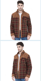 Men's Patchwork Corduroy Plaid Shirt Jacket Plus Size Velvet Lined Casual Winter Top | 3251