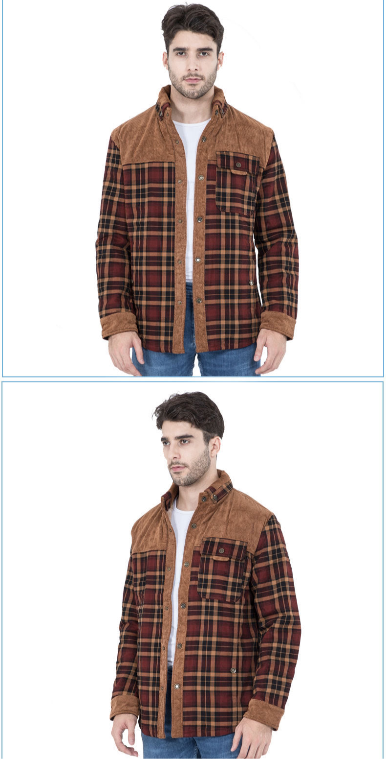 Men's Patchwork Corduroy Plaid Shirt Jacket Plus Size Velvet Lined Casual Winter Top | 3251