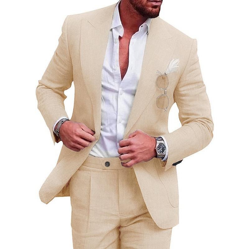 Men's 2 Piece Suit Plus Size Linen-Blend Slim-Fit Suit Set - 2025 Spring Single Breasted Light Business Attire | 801