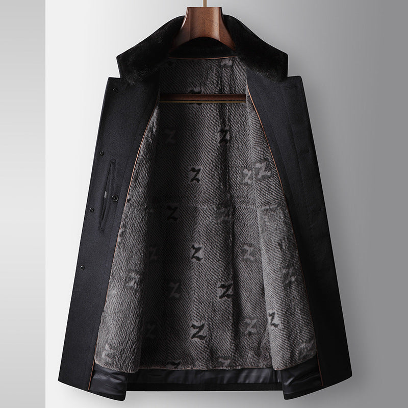 Benji Men's Wool Blend Overcoat with Detachable Rabbit Fur Lining | Winter Business Casual Topcoat for Men | Thick Mid-Length Wool Jacket| SDN682