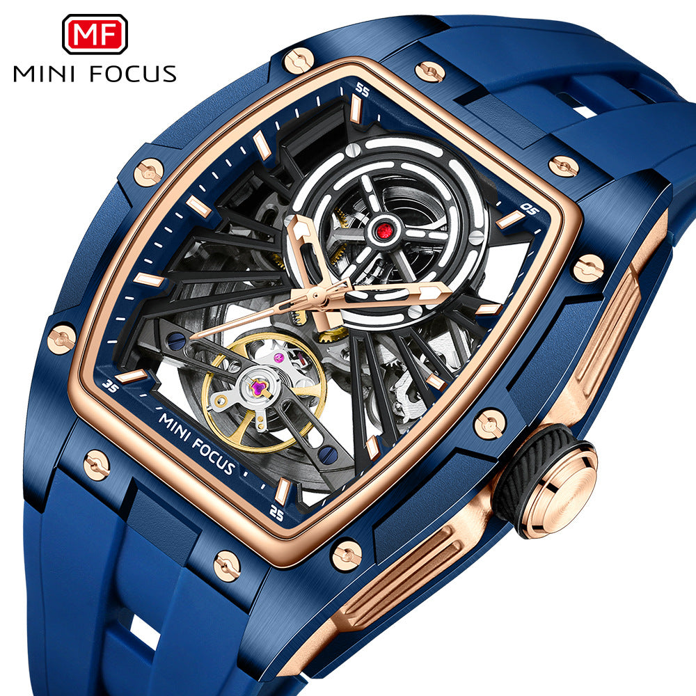 MINIFOCUS MF0603G Skeleton Automatic Watch for Men | Stainless Steel Barrel Case | Mechanical Wristwatch with Luminous Hands | MF0603G