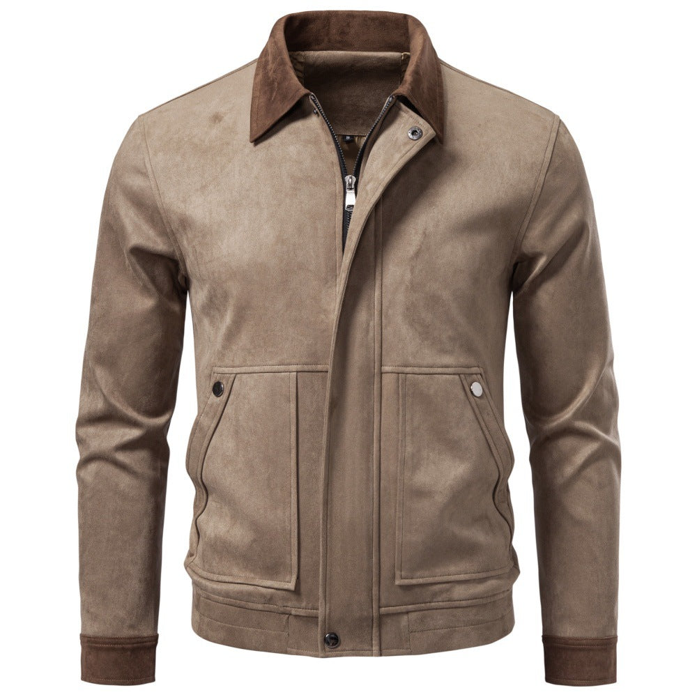 Men's Suede-Look Fleece Jacket | 2026 Winter Business Casual Zip-Up Coat | Khaki Stand Collar Outerwear | JK5022