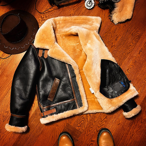 B3 Original Shearling Aviator Jacket | Men's Genuine Sheepskin Leather Bomber | Warm Fur-Lined Motorcycle Coat