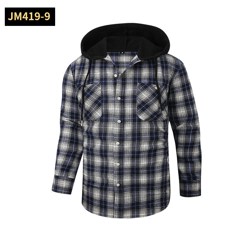 Men Premium Loose Fit Casual Flannel Long Sleeve Hooded Plaid Checkered Shirt | JM419