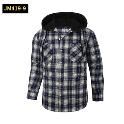 Chic Color Block Men's Plaid Pattern Hooded Long Sleeve Shirt Jacket With Drawstring And Pocket Spring Fall Outwear