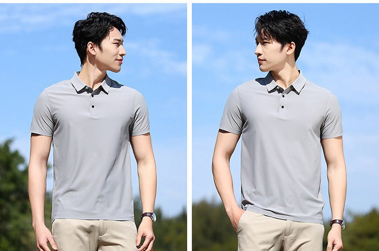Men's Summer Seamless Ice Silk T-shirt Solid Color Short Sleeve Casual Stretch Polo Shirt | Y678