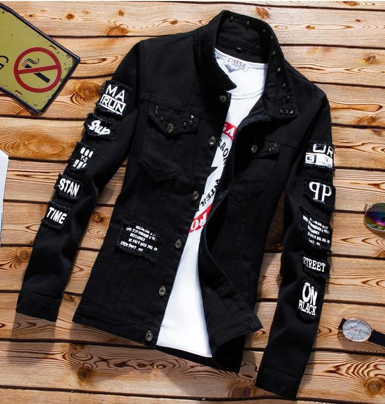 Men's Denim Jacket Jeans Pants Letters Printing Trousers 3 Pcs Set Casual Single Breasted