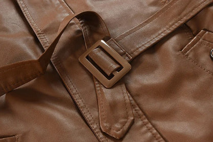 High Quality Casual Pu Leather Jacket Waterproof Thick Stand Collar Zipper Long Coat