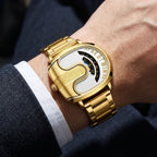 BESTWIN Men‘s Gold U-Shape Digital Chronograph Watch | Fashion Oval Dress Timepiece with Stainless Steel Bracelet | 988