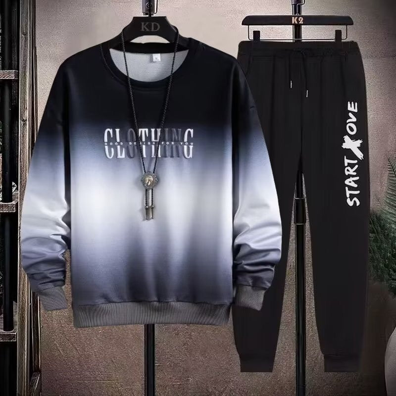 Men's 2 Piece Sweat Set Trousers Casual Pullover T-shirt Outer Wear Loose All-Match Gradient Color Long Sleeve Student Tops