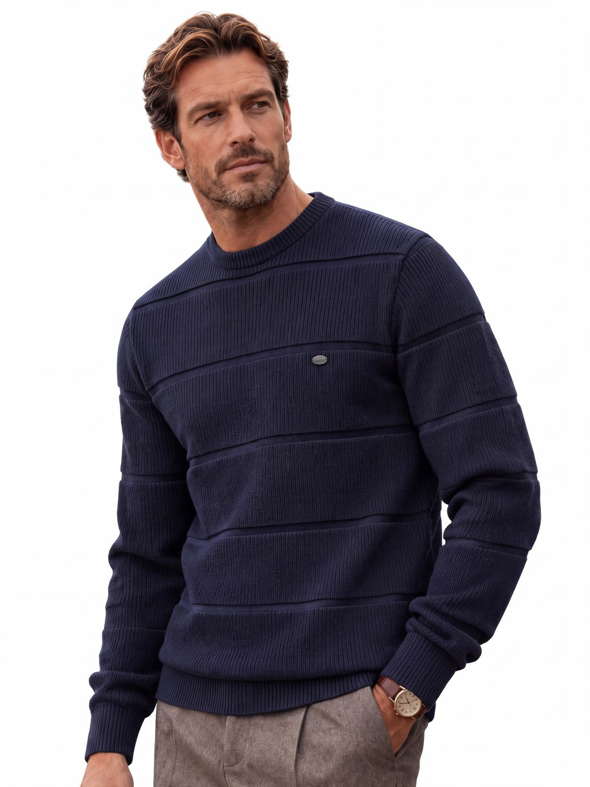 Men's Crew Neck Knit Sweater | 2026 Autumn Business Casual Pullover | Warm Cotton-Blend Jacquard Jumper | SW248
