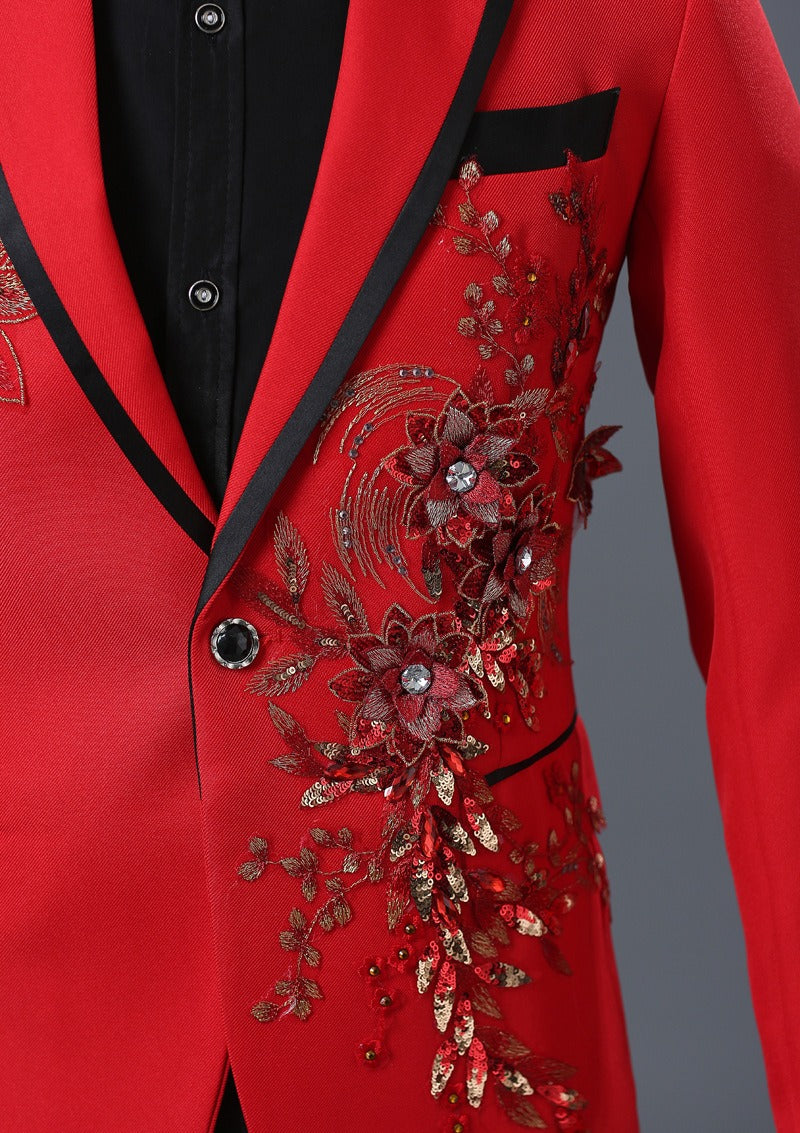 Mens 2 Piece Formal Embroidered Smart Fit Suit Flashing Sequins Crystal Blazers Coat Prom Party Tuxedo Costume Wedding Outfit
