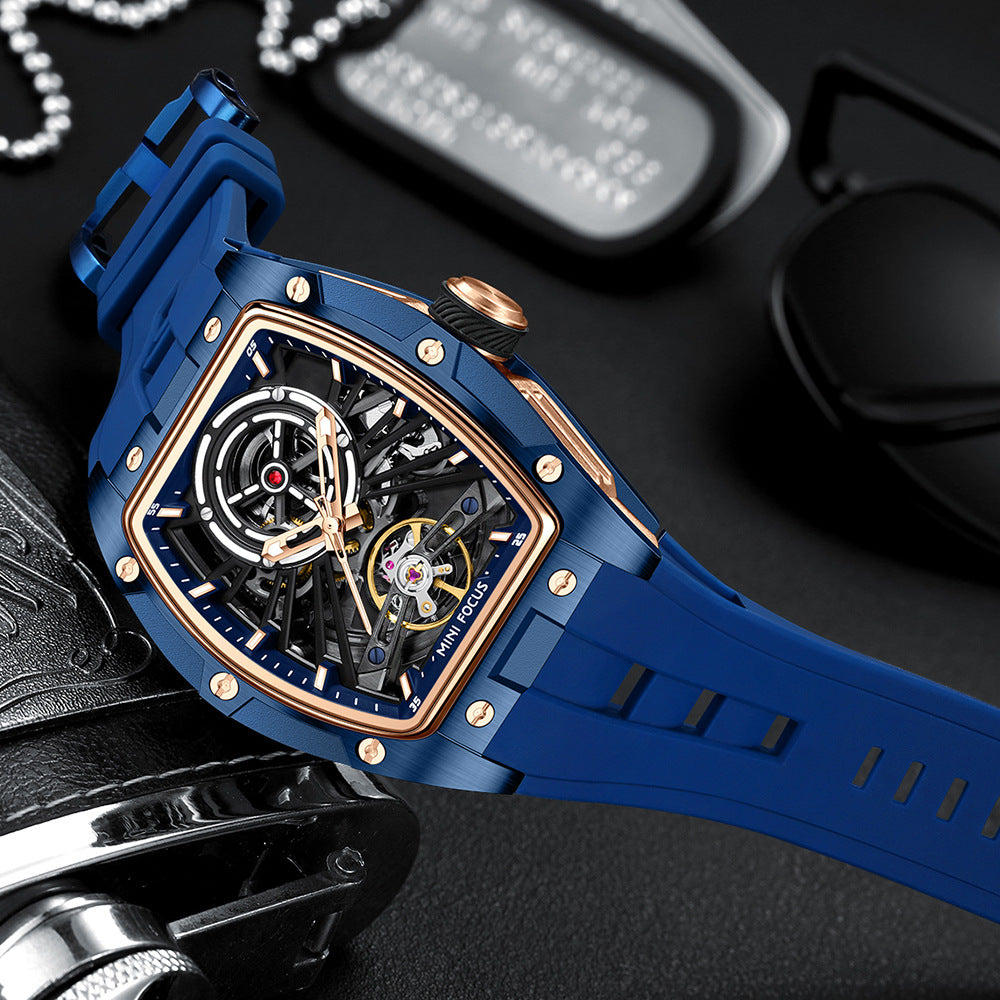 MINIFOCUS MF0603G Skeleton Automatic Watch for Men | Stainless Steel Barrel Case | Mechanical Wristwatch with Luminous Hands | MF0603G