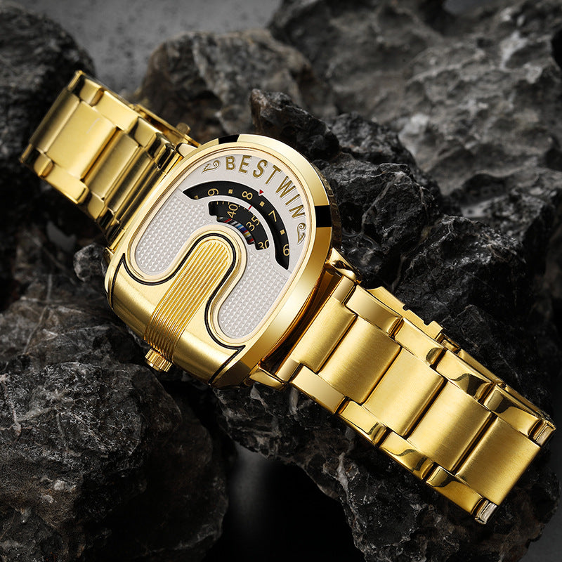 BESTWIN Men‘s Gold U-Shape Digital Chronograph Watch | Fashion Oval Dress Timepiece with Stainless Steel Bracelet | 988