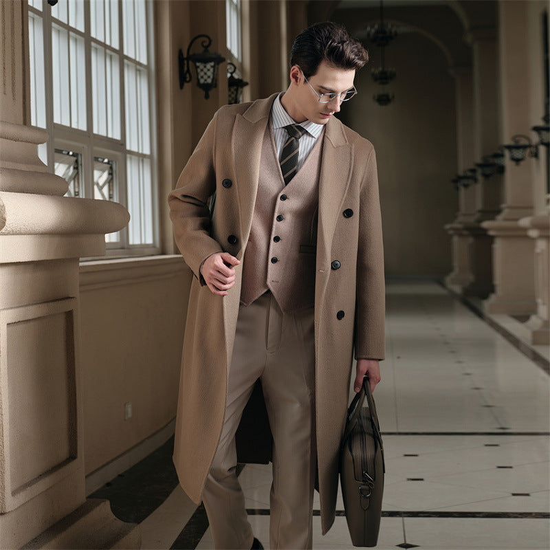 Gents Trench coat Premium Wool-Cotton Blend Peacoat Double-Breasted Mid-Length Overcoat Casual Oversized Lapel Coat