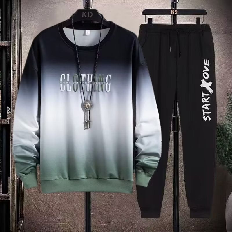 Men's 2 Piece Sweat Set Trousers Casual Pullover T-shirt Outer Wear Loose All-Match Gradient Color Long Sleeve Student Tops