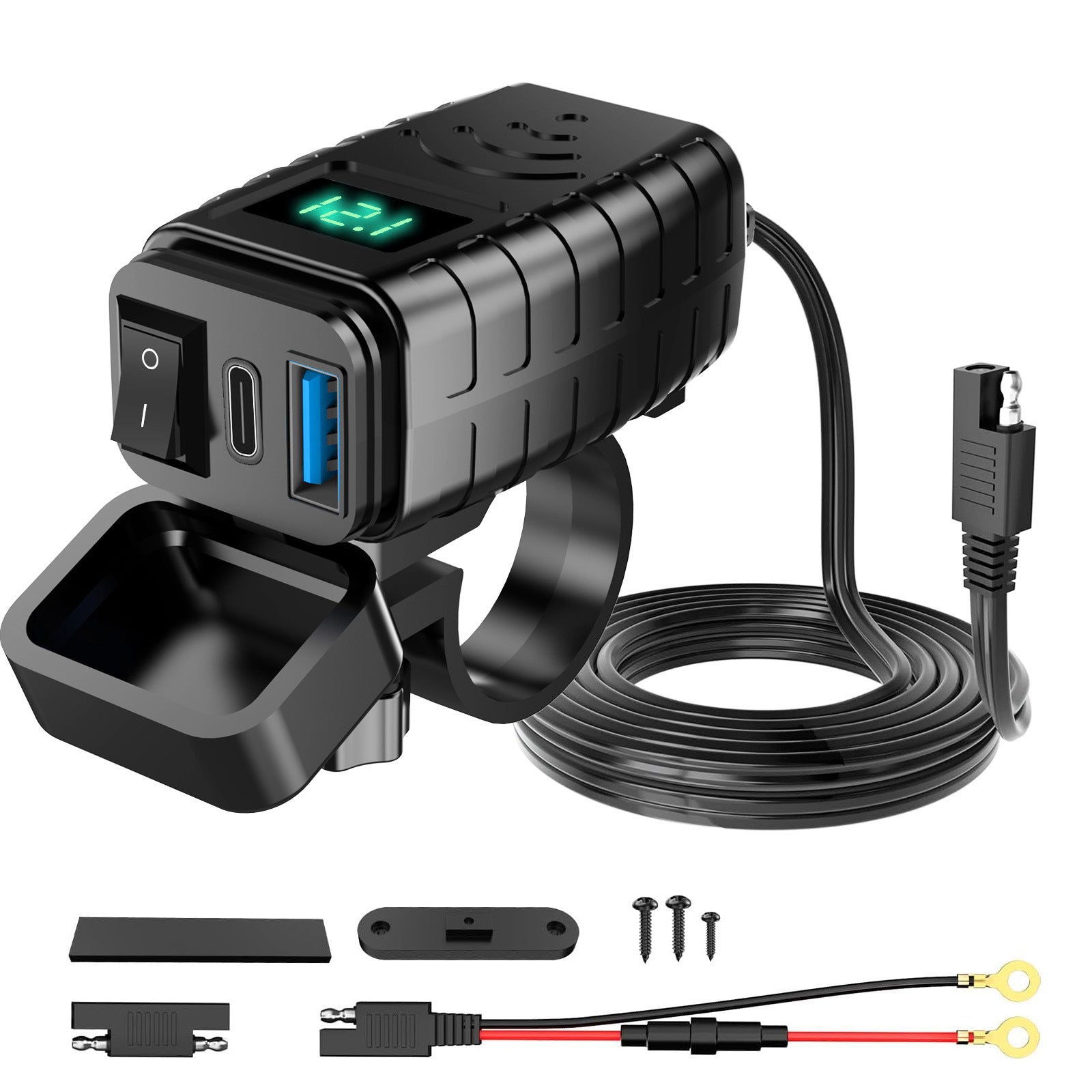 Motorcycle USB Charger with QC3.0 & PD3.0 Fast Charging | Digital Voltmeter & On/Off Switch for 12V-24V Vehicles | m12545