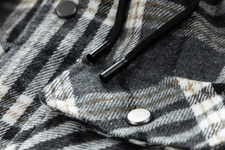 Winter Men's Jacket Plaid Wool Heavy Plus Size Shirt Checkered Hooded Coat Oversize Top