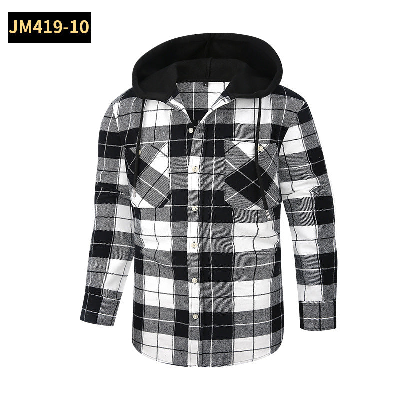 Men Premium Loose Fit Casual Flannel Long Sleeve Hooded Plaid Checkered Shirt | JM419