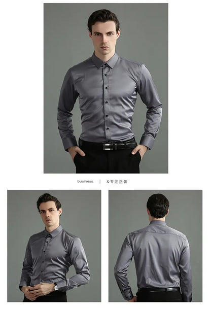 Men's Long-sleeved Business Casual Stretchable Shirt Solid Color Slim Non Iron Stretchy Dress Shirts