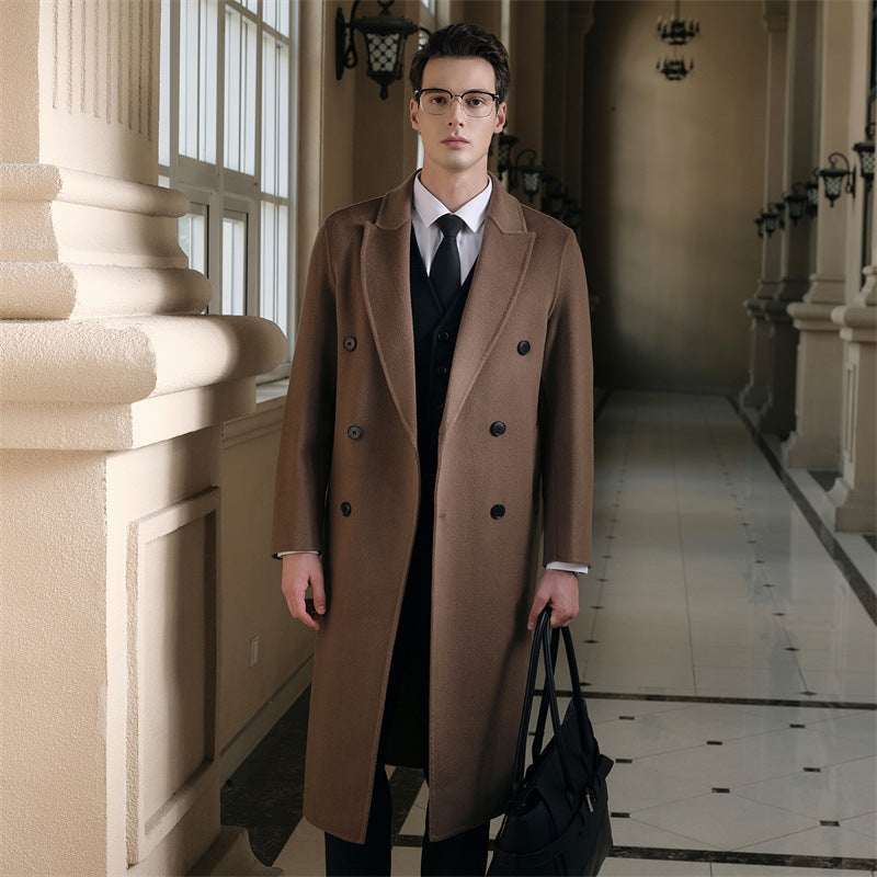 Gents Trench coat Premium Wool-Cotton Blend Peacoat Double-Breasted Mid-Length Overcoat Casual Oversized Lapel Coat