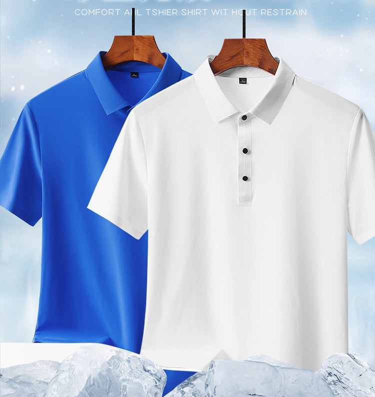 Men's Summer Seamless Ice Silk T-shirt Solid Color Short Sleeve Casual Stretch Polo Shirt | Y678