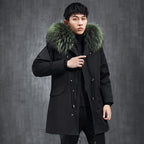 Aourun Men's Long Parka with Fox Fur Trim | 2025 Winter Hooded Jacket | Plush Mid-Length Faux Fur Lined Coat | 210