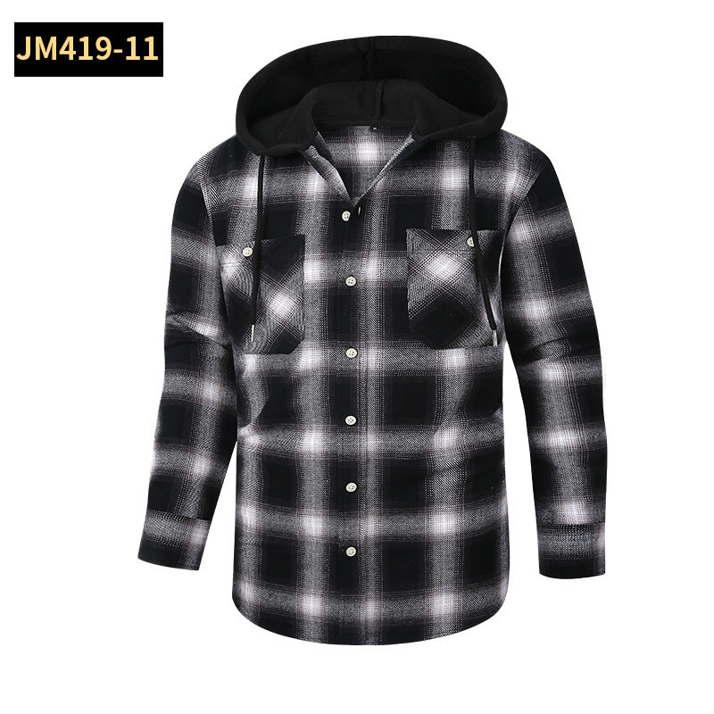 Men Premium Loose Fit Casual Flannel Long Sleeve Hooded Plaid Checkered Shirt | JM419