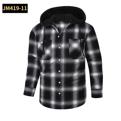 Men Premium Loose Fit Casual Flannel Long Sleeve Hooded Plaid Checkered Shirt | JM419