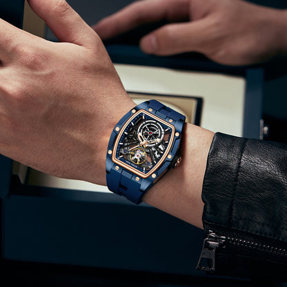 MINIFOCUS MF0603G Skeleton Automatic Watch for Men | Stainless Steel Barrel Case | Mechanical Wristwatch with Luminous Hands | MF0603G