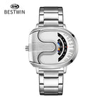 BESTWIN Men‘s Gold U-Shape Digital Chronograph Watch | Fashion Oval Dress Timepiece with Stainless Steel Bracelet | 988