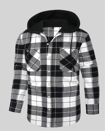 Chic Color Block Men's Plaid Pattern Hooded Long Sleeve Shirt Jacket With Drawstring And Pocket Spring Fall Outwear