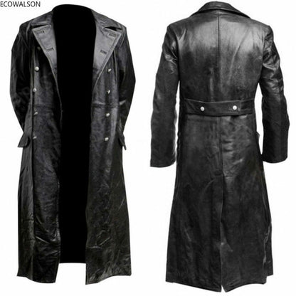 Men's Winter Long Coat  Leather Double-Breasted German Military Jacket | 1217-FY8