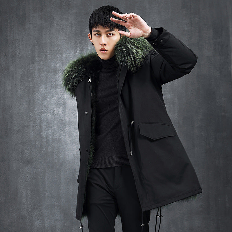 Aourun Men's Long Parka with Fox Fur Trim | 2025 Winter Hooded Jacket | Plush Mid-Length Faux Fur Lined Coat | 210