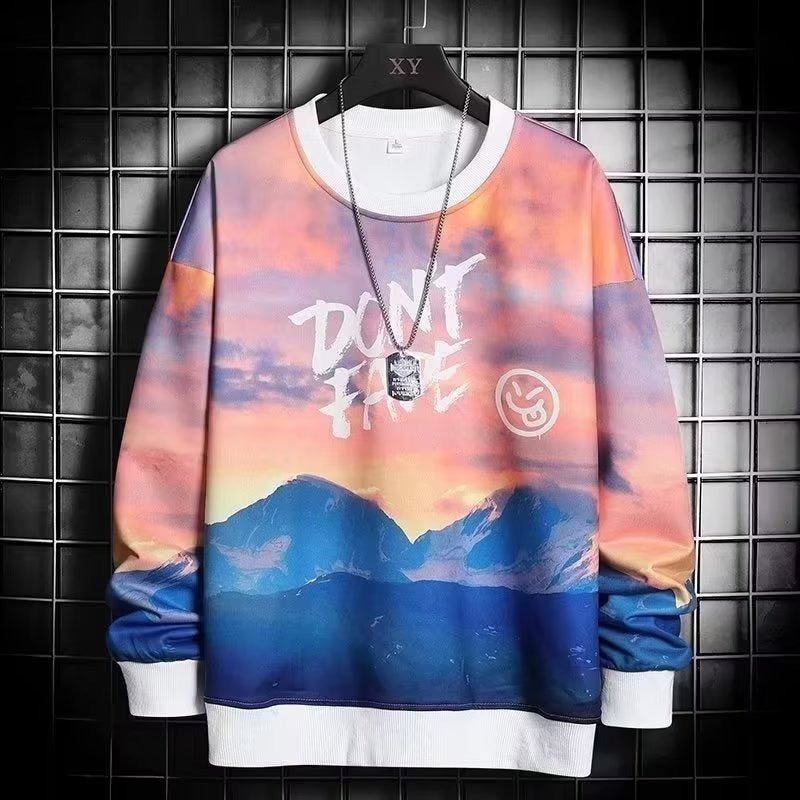 Men's 2 Piece Sweat Set Trousers Casual Pullover T-shirt Outer Wear Loose All-Match Gradient Color Long Sleeve Student Tops