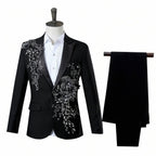 Mens 2 Piece Formal Embroidered Smart Fit Suit Flashing Sequins Crystal Blazers Coat Prom Party Tuxedo Costume Wedding Outfit