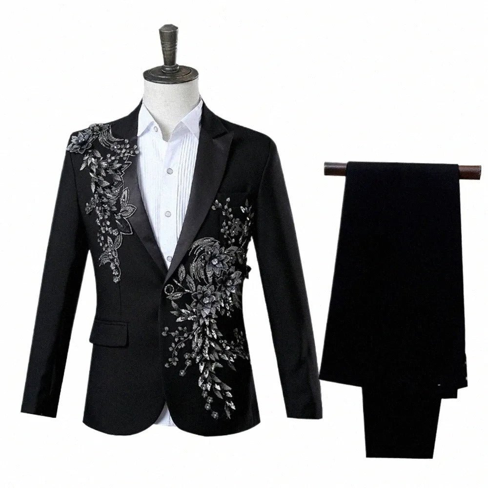 Costume 2 pièces pour homme, coupe ajustée, brodé, paillettes clignotantes, cristal, blazer, manteau, costume de soirée, smoking, tenue de mariage 