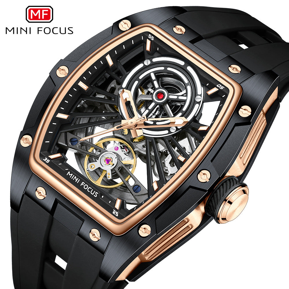 MINIFOCUS MF0603G Skeleton Automatic Watch for Men | Stainless Steel Barrel Case | Mechanical Wristwatch with Luminous Hands | MF0603G