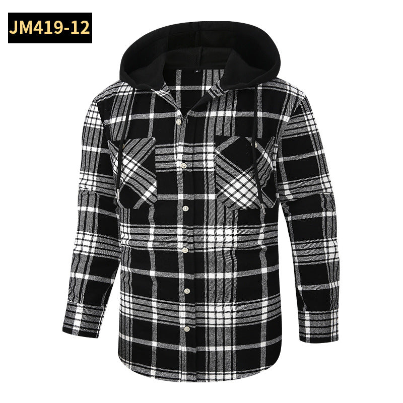 Chic Color Block Men's Plaid Pattern Hooded Long Sleeve Shirt Jacket With Drawstring And Pocket Spring Fall Outwear