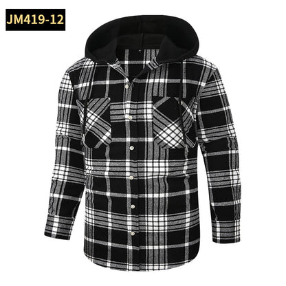 Men Premium Loose Fit Casual Flannel Long Sleeve Hooded Plaid Checkered Shirt | JM419