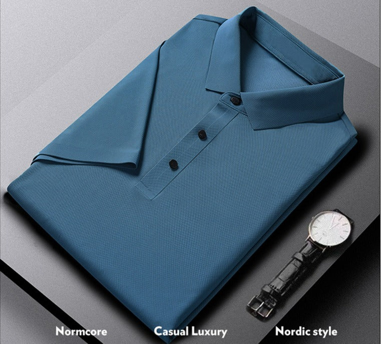 Men's Summer Seamless Ice Silk T-shirt Solid Color Short Sleeve Casual Stretch Polo Shirt | Y678