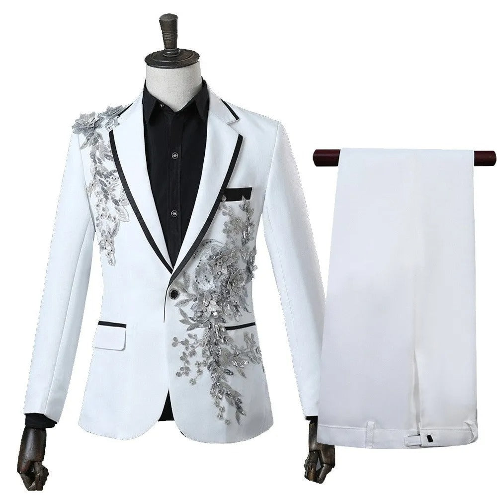 Costume 2 pièces pour homme, coupe ajustée, brodé, paillettes clignotantes, cristal, blazer, manteau, costume de soirée, smoking, tenue de mariage 