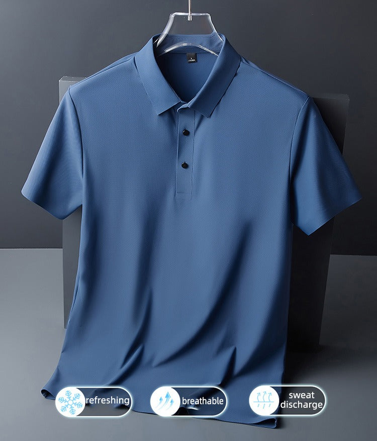 Men's Summer Seamless Ice Silk T-shirt Solid Color Short Sleeve Casual Stretch Polo Shirt | Y678