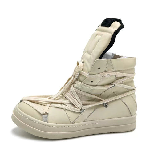 High-Top Genuine Leather Sneakers | Inverted Triangle & Pentagram Design | Unisex Thick-Sole Casual Board Shoes